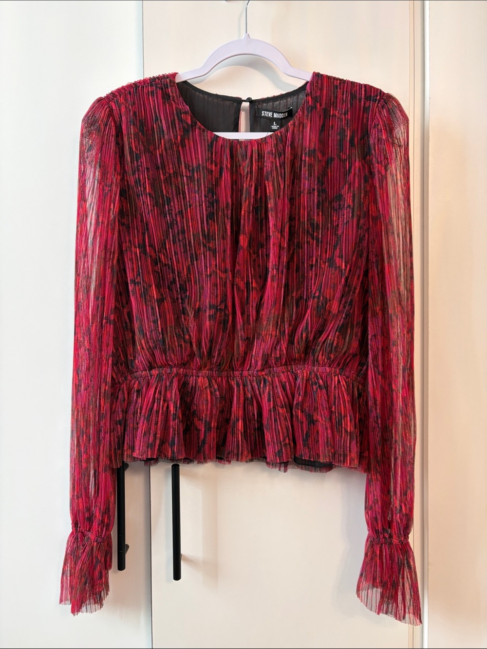 Steve Madden Red and Black Pleated Peplum Blouse